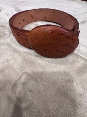 Arango Men's Genuine Full Quill Ostrich Brown Leather Western Belt with Oval Buc